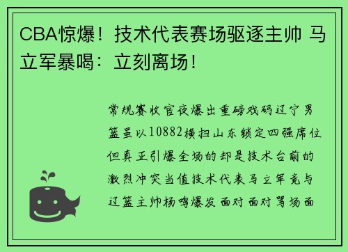 CBA惊爆！技术代表赛场驱逐主帅 马立军暴喝：立刻离场！