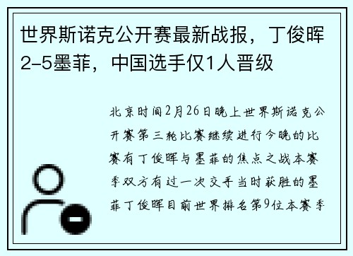 世界斯诺克公开赛最新战报，丁俊晖2-5墨菲，中国选手仅1人晋级