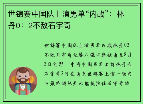 世锦赛中国队上演男单“内战”：林丹0：2不敌石宇奇