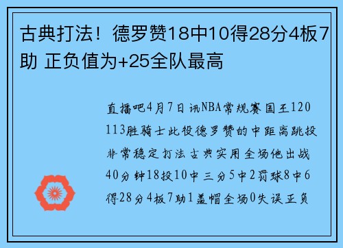 古典打法！德罗赞18中10得28分4板7助 正负值为+25全队最高